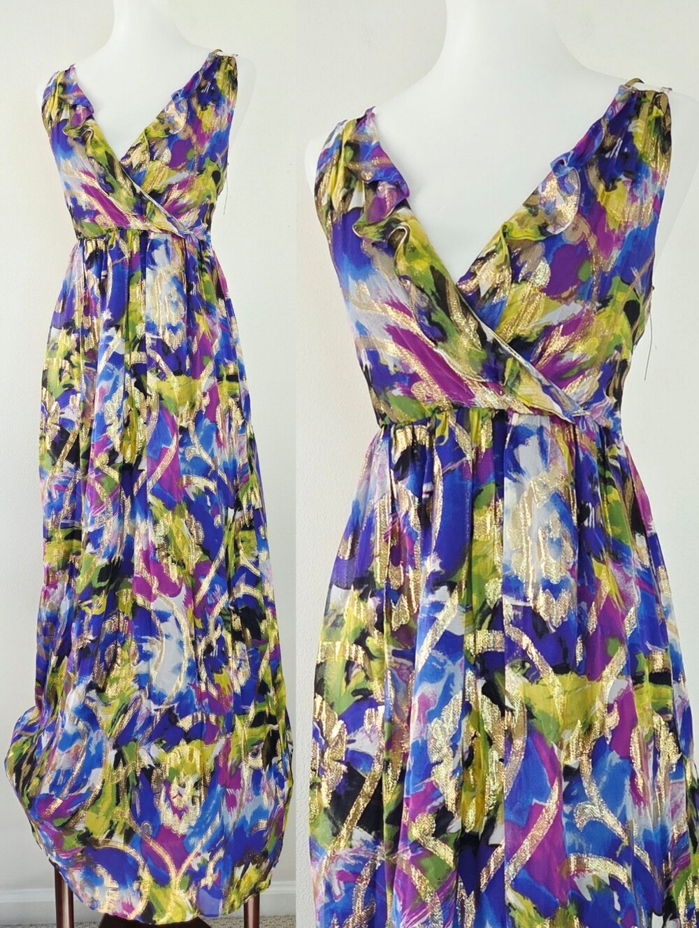 Oleg Cassini Silk Metallic Maxi Dress V Neck Purple Gold Watercolor Abstract 6